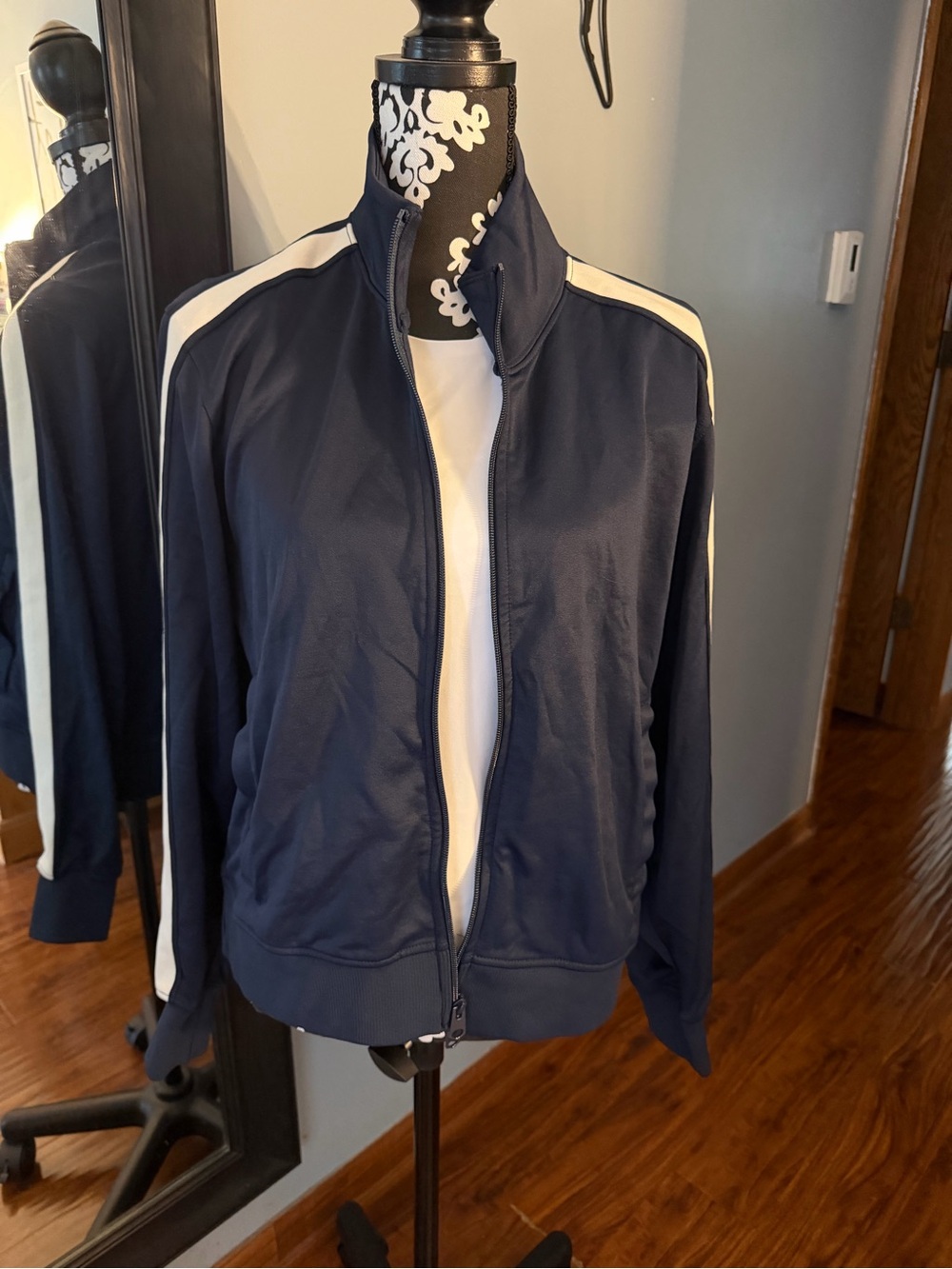 Abercrombie & Fitch Navy Bomber Track Jacket with White Stripes